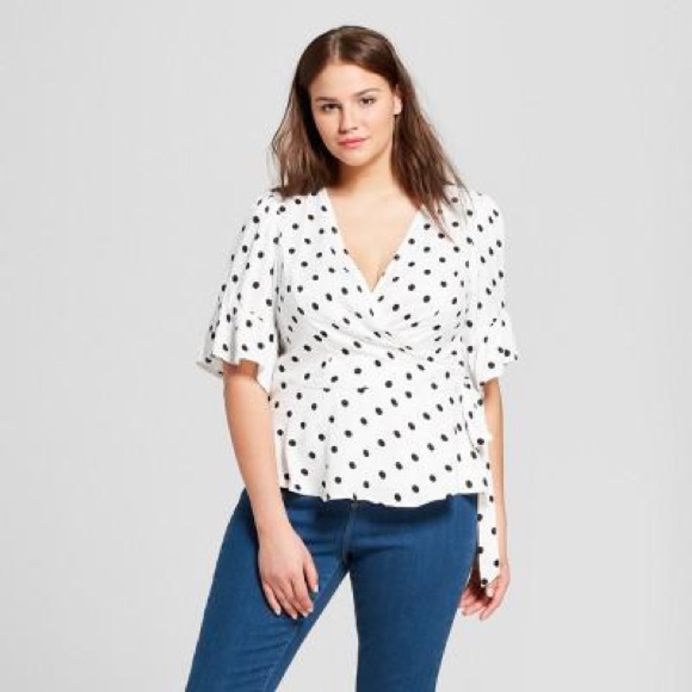 Women's Size Polka Dot Short Sleeve Wrap Shirt - Xhilaration White/Black 2X NWT